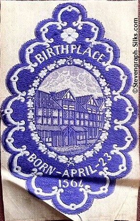 silk with image of Shakespeare's birthpalce and words Birthplace / Born April 23, 1564