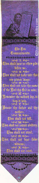 image of Moses holding the stone, the title words of The Ten Commandments, followed by the actual Commandments