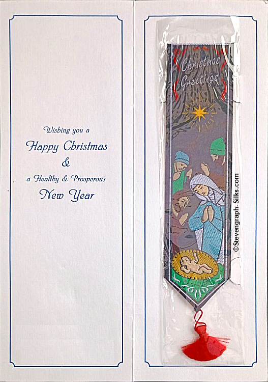 bookmark with title words, and nativity scene