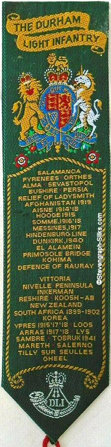 bookmark with The Durham Light Infantry title word, and list of previous campaigns