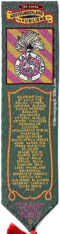 bookmark with The Royal Northumberland Fusiliers title word, and list of previous campaigns