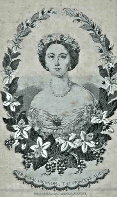 black & white silk portrait of Princess Alice within a garland of flowers