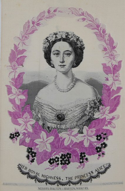 purple & white silk portrait of Princess Alice within a garland of flowers