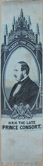 Black and white bookmark with title words below portrait of Prince Albert