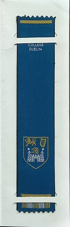 woven bookmark with tile words - Trinity College, Dublin - and image of the college crest