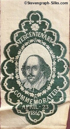 silk with portrait of William Shakespeare and words Tercentenary / Commemorated April 23 1864