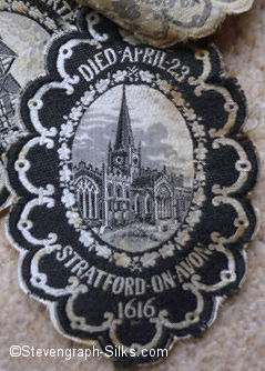 middle silk of three, with image of Stratford Church and words Died April 23 / Stratford on Avon, 1616