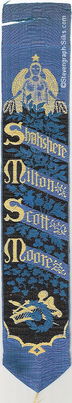 bookmark with woven names of the poets, Shakspere, Milton, Scott, Moore