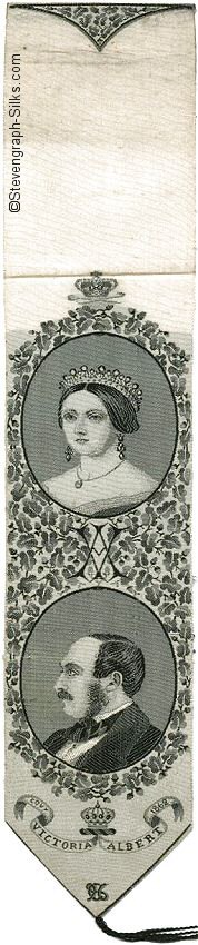 Bookmark with large white space, images of Queen Victoria and Prince Albert, and ribbon with words