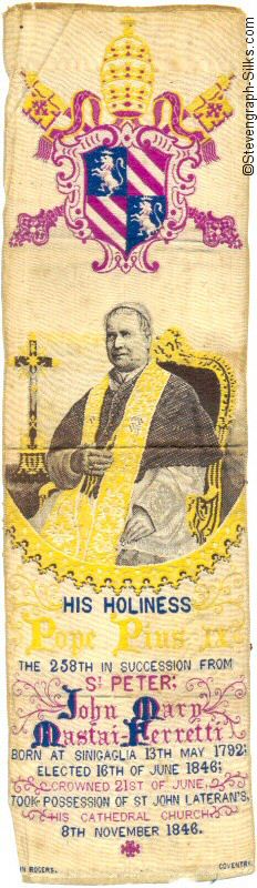 Large ribbon or bookmark with words dedicated to Pope Pius IX inauguration