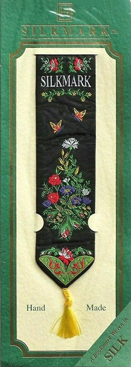 woven bookmark with Silkmark words, and image of butterflies & flowers