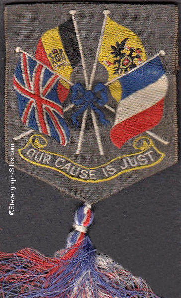woven favour or badge with title words and flags of the Allies in the First World war