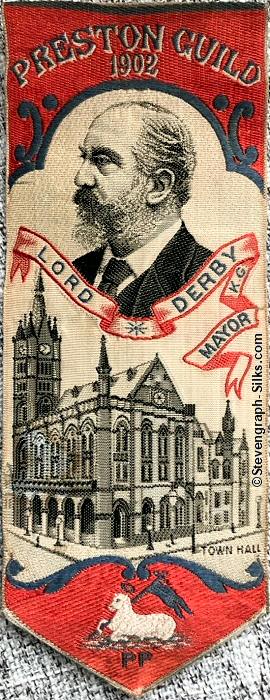 Bookmark with title words, image of Lord Derby during his time as Mayor, and image of the Municipal Building