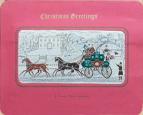 woven Christmas card of a green coach and four