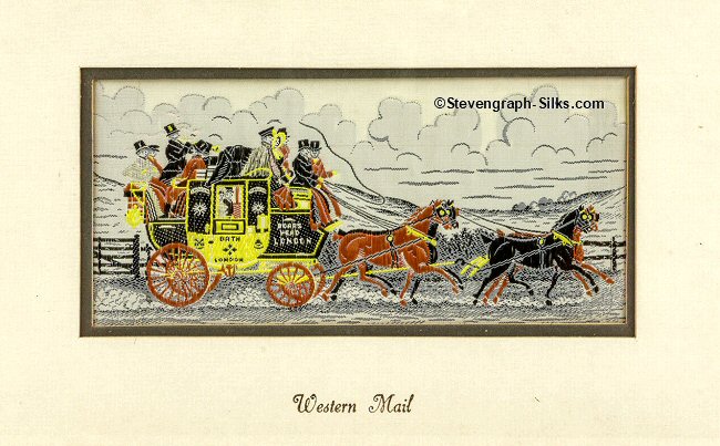 Framed woven picture of yellow coach pulled by four horses, and printed title