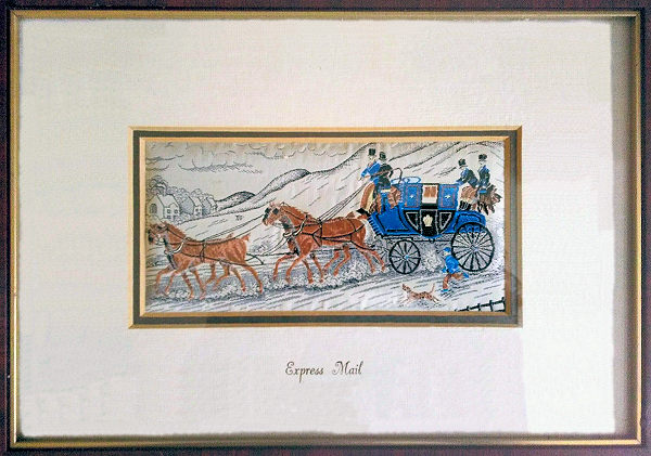 Framed woven picture of a coach and four, titled Express Mail