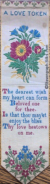 Bookmark with title words, image of roses, and words of verse