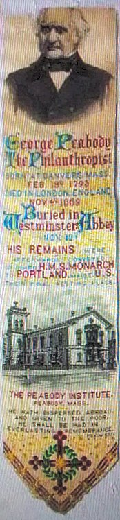 Bookmark with portrait of George Peabody, words of his birth and death, and image of The Peabody Institute, Mass. USA