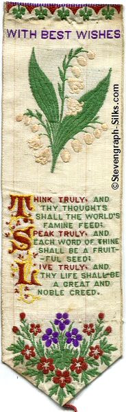 Bookmark with title words, image of a single lily branch and more words