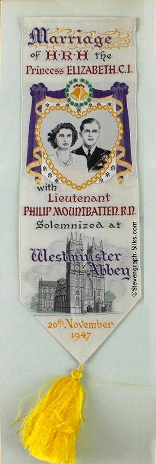 Bookmark with portrait of Princess Elizabeth and Lieutenant Philip Mountbatten