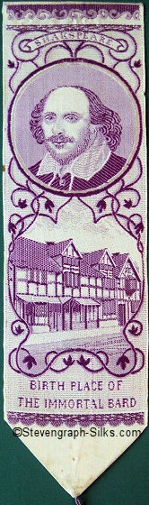 Bookmark woven in lilac and white silk, with image of Shakespeare