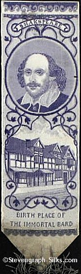 Bookmark woven in blue and white silk, with image of Shakespeare