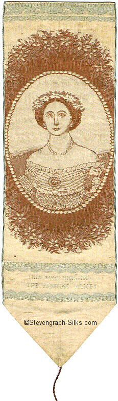 Woven brown and blue silk bookmark with portrait of Her Royal Highness The Princess Alice