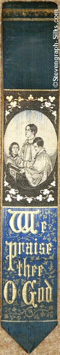Woven silk bookmark with image of three choir boys, and title words