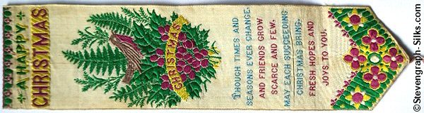 Bookmark with title words, image of leaves and a robin with a ribbon across the front, followed by words of a verse