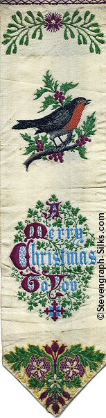 Bookmark with image of a robin, and title words contained inside a circle of green leaves