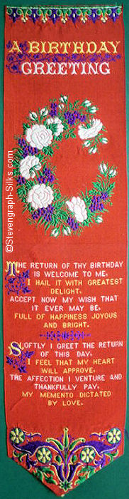 Silk bookmark with title words, image of half wreath of flowers, and words of verse