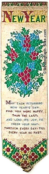 Silk bookmark with title words, image of flowers and words of verse