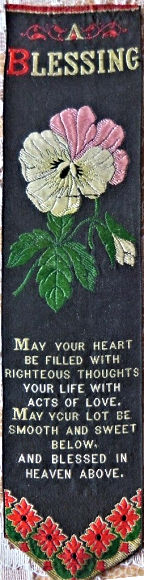 Bookmark with title words, image of pansy flowers and words of a verse