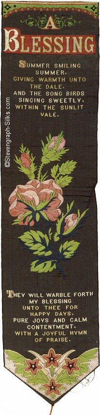 Bookmark with title words, words of verse, followed by image of roses and three buds, with more words of verse