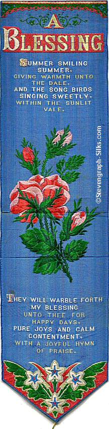 Bookmark with title words, words of verse, followed by image of roses and three buds, with more words of verse