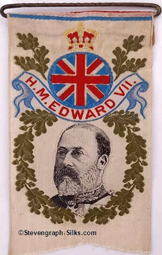 Portrait image King Edward VII, with title words above, on short favour type lapel badge