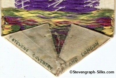 Woven makers name, T. Stevens Coventry, woven on the reverse left hand pointed end of this bookmark