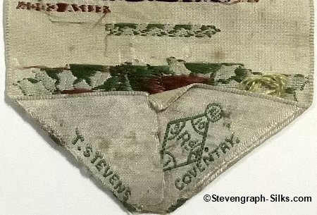 T. Stevens credit and diamond registration mark woven onto reverse pointed end of this bookmark.