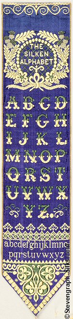 blue background bookmark with woven letters of the alphabet