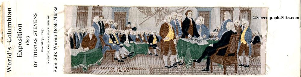 Bookmark attached to original backing paper, showing view of representatived collecting to sign the Declaration of Independence