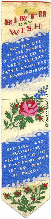 Silk bookmark with title words and two verses of poem with red rose between