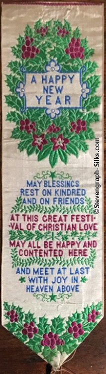 Bookmark with title "A Happy New Year" in wreath, and remaining words of verse in a seperate display of leaves