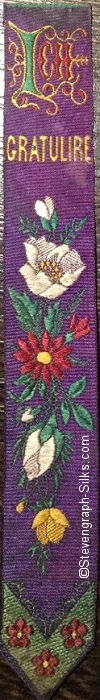Silk bookmark with title words and image of flowers