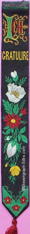 Silk bookmark with title words and image of flowers