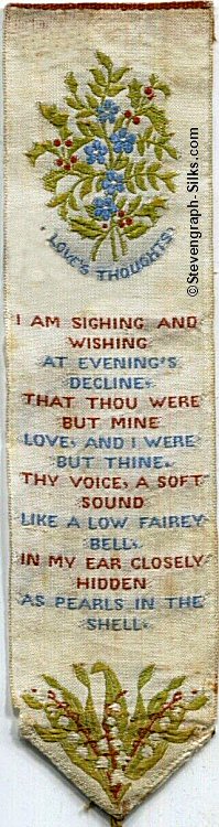 Bookmark with title words woven below flowers, and verse