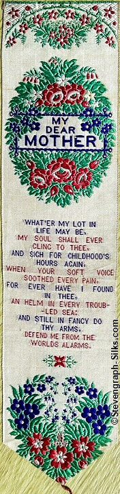 Bookmark with wreath of flowers on which is plaque on which is written the title words, and words of a verse below