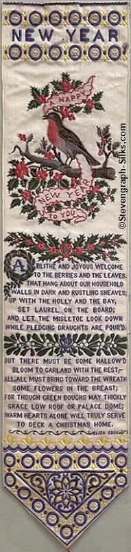 bookmark with title words, image of robin sat on a branch holding a ribbon, and words of verse