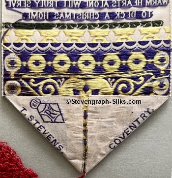 Stevens name woven on the reverse pointed end of this bookmark, together with an incomplete diamond registration mark
