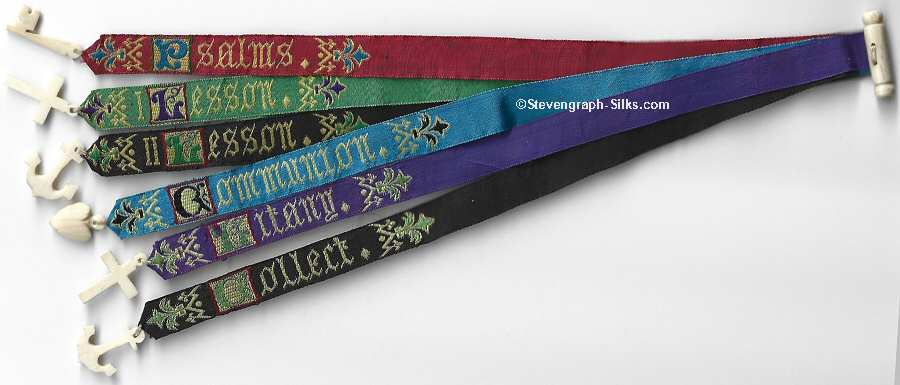Narrow religious bookmark with title words, joined with five others