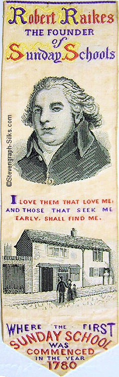 Bookmark with words, portrait of Robert Raikes and image of first Sunday School building